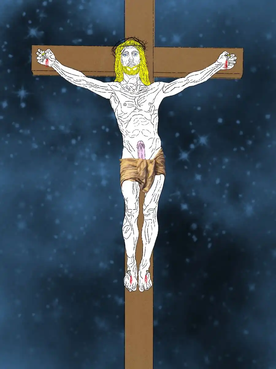 Illustration of a blonde Jesus on the crucifix. An erection is poking up from under his loin cloth.