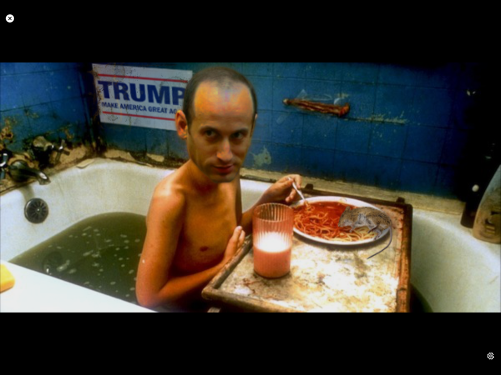 image from the movie, Gummo, of a skiny person in a bathtub with a plate of spaghetti with a dead rat, and a glass os milk. Stephen Miller's head has been photoshopped onto the person