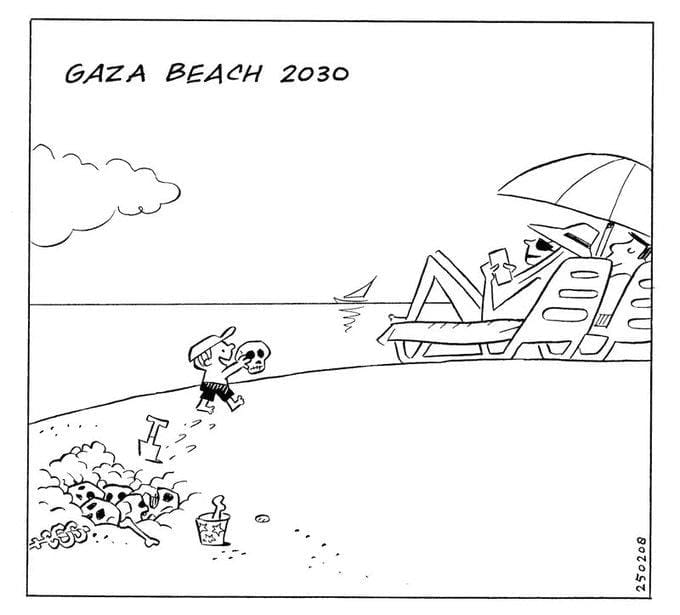 cartoon of a boy on a beach digging in the sand and revealing a boneyard
