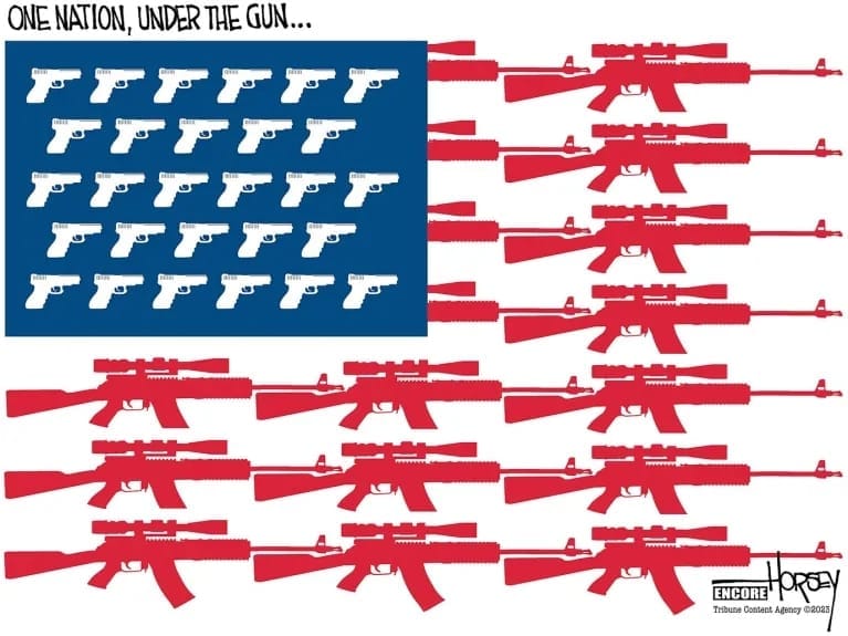 american flag illustration. stars replaced by handguns. stripes replaced by automatic rifles.