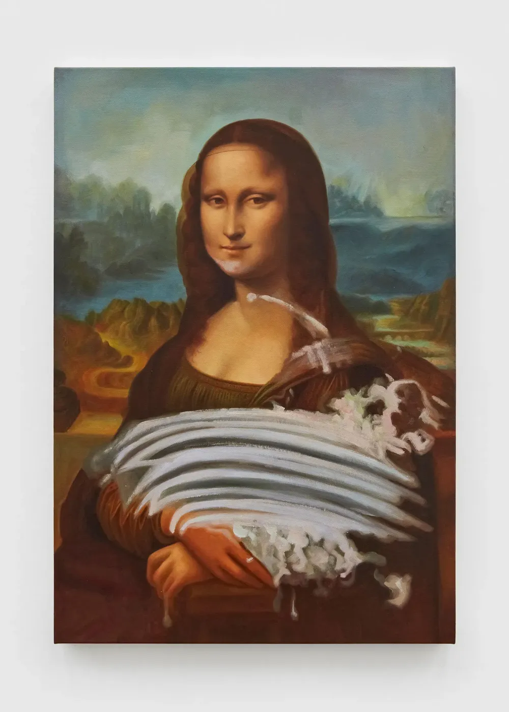 Mona Lisa smeared with a white substance.
