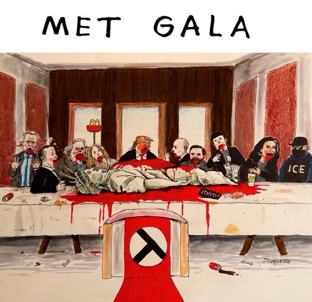 Crude drawing of a Last Supper scene composed of Trump Administration members, whose faces are covered in blood. Lying on the table in front of them is a bloody Statue of Liberty