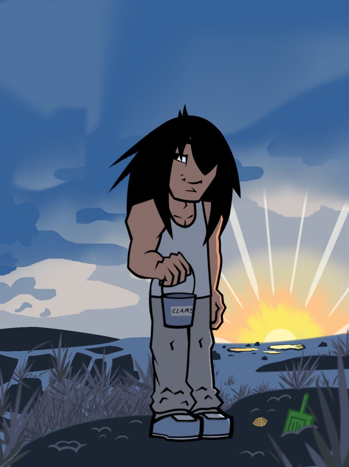 Digital illustration of a man holding a bucket that says Clams.