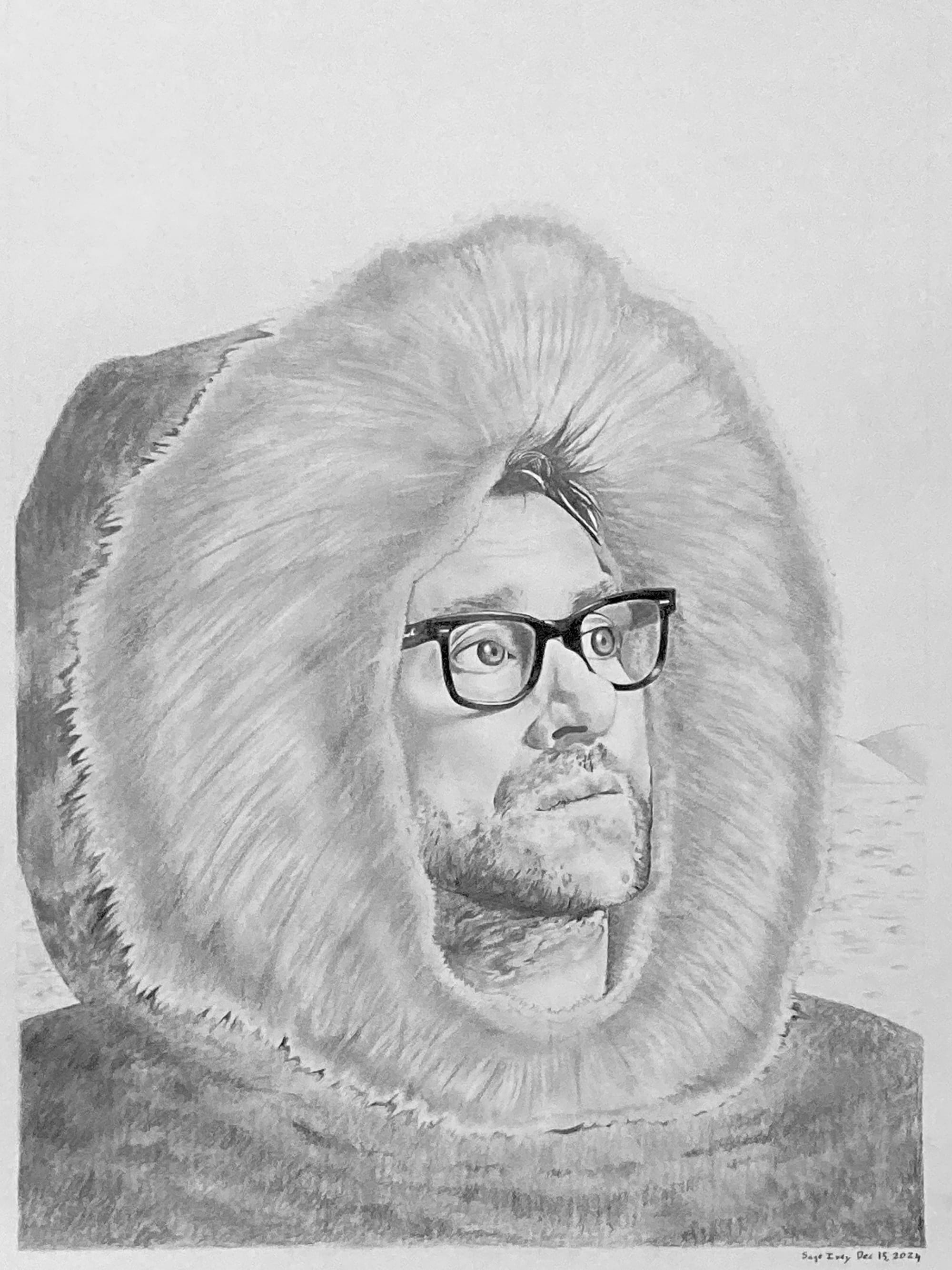 Hyper-realistic pencil drawing of a man wearing a hooded park.