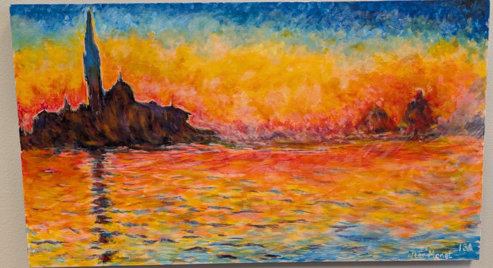 Acrylic painting of a lake, perhaps at sunset, with much orange light in the sky and on the water.