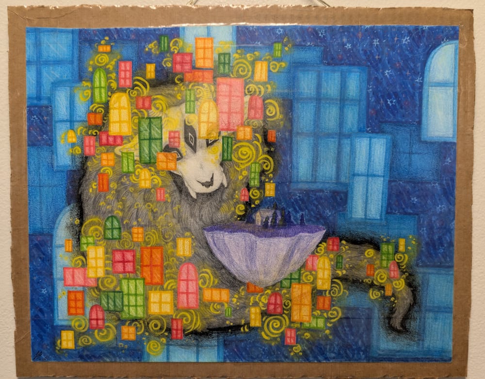 A mixed-media composition of a beast foregrounded by windows.