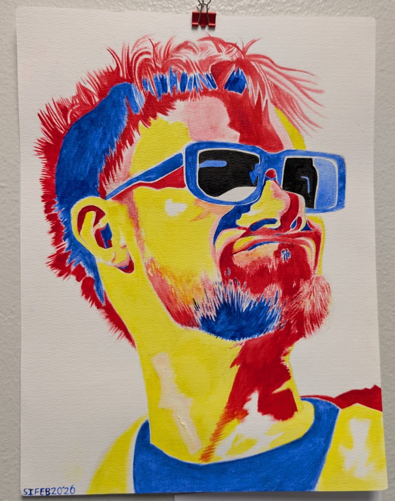Watercolor portrait of a man with sunglasses. Heavy on yellow, red, and blue colors.