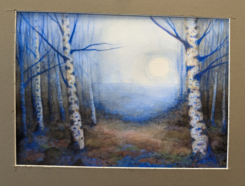 Watercolor painting of a lake at night, with birch trees on the shore. Moon is visible over lake.