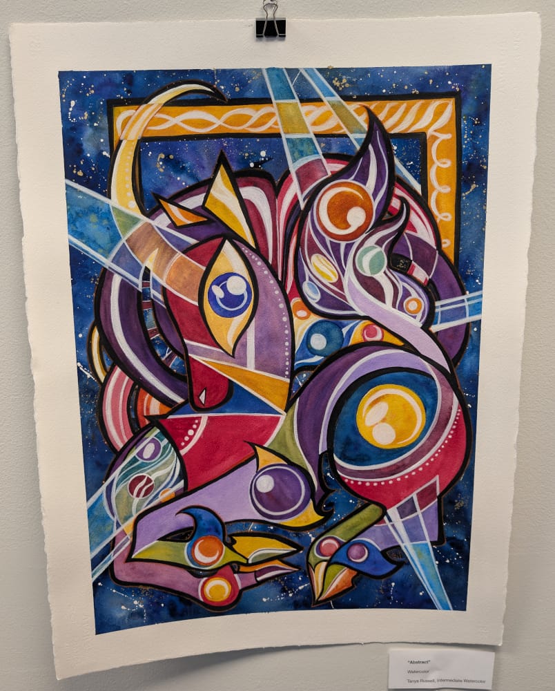 Abstract water color painting of what looks like a deer and geometric shapes in space.