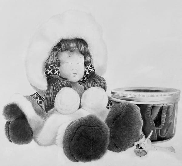 Hyper-realistic pencil drawing of a Native Alaskan doll sitting next to a mason jar.