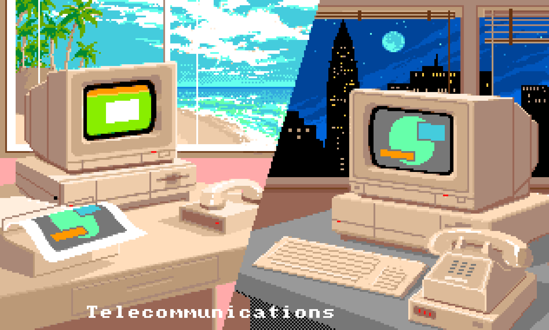 Split image of two computers: one in the day with a beach in the background, one at night with a city in the background.