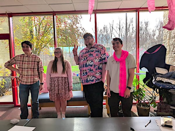Four students posing. They are dressed in pink to varying degrees.