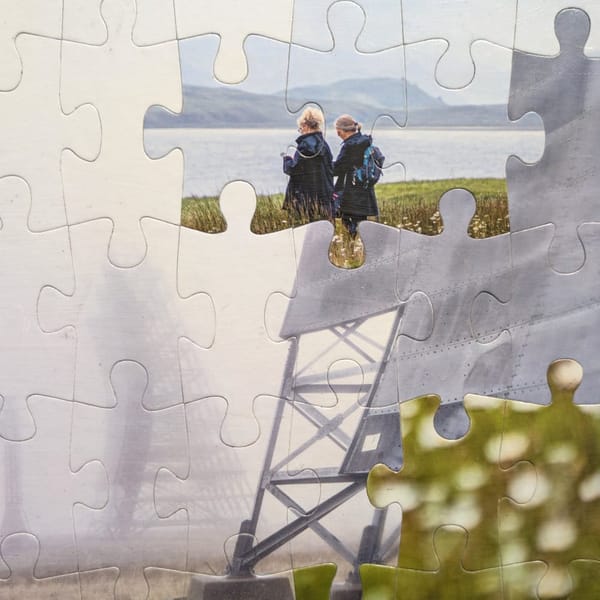 Jigsaw puzzle pieces fit together. Some show greenery, some show an industrial landscape, and some show two women on an Arctic island beach.