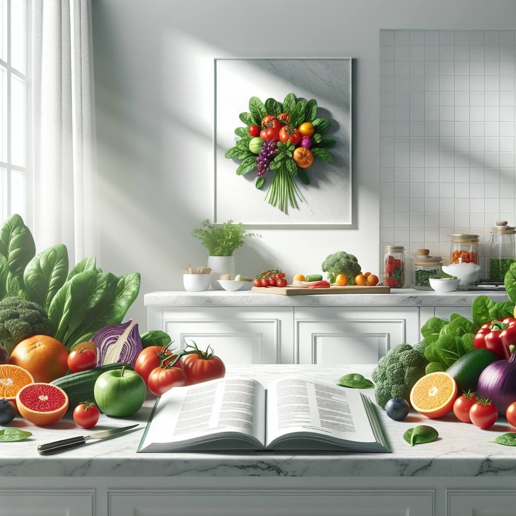 A recipe book with fresh and organic fruit and vegetables around 