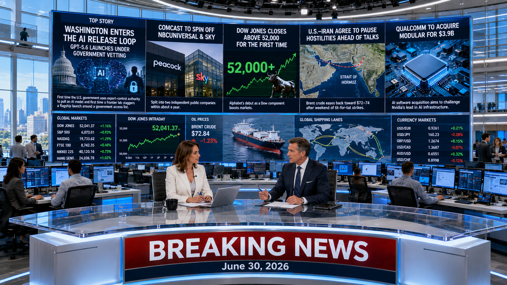 📰 WBN Breaking News – June 30, 2026: Washington Enters The AI Release Loop As GPT-5.6 Launches Under Government Vetting, Comcast Splits In Two, And The Dow Tops 52,000