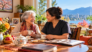 Older woman and home caregiver share tea and conversation at a sunny kitchen table.