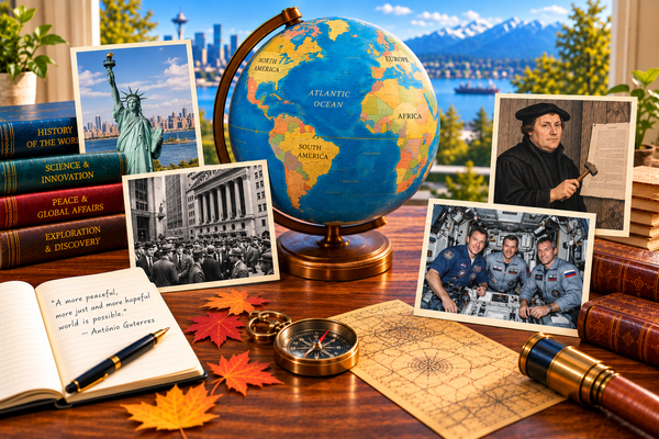 Antique globe with historic photographs of the Statue of Liberty, Wall Street, Martin Luther and astronauts