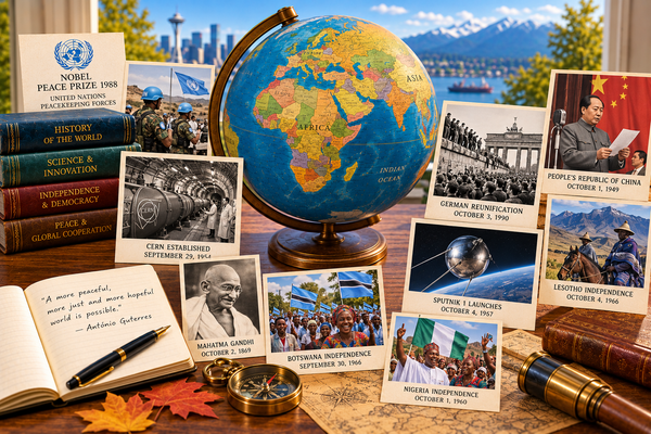 Antique globe with historical images of German reunification, African independence, Gandhi and Sputnik 1