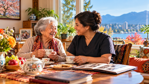 Older woman and home caregiver share tea and conversation at a sunny kitchen table.