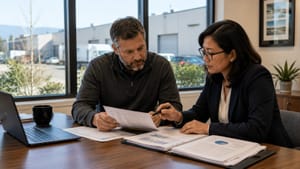 A Delta business owner reviews company records as part of planning for future value and transition options.