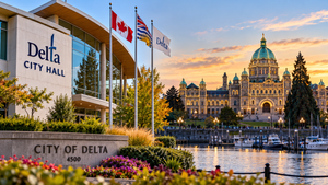Editorial composite showing Delta City Hall and the British Columbia Legislature, representing the two levels of government elected in October 2026.