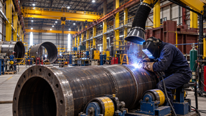 A welder wearing a protective helmet and gloves works on a large steel pipe beneath a ventilation hood, with yellow overhead cranes in the workshop. Reference Source: Ideal Welders — Facility