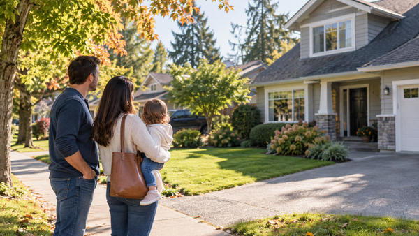Young parents with a small child stand on a tree-lined suburban sidewalk looking toward a detached family home in an established Delta neighbourhood.