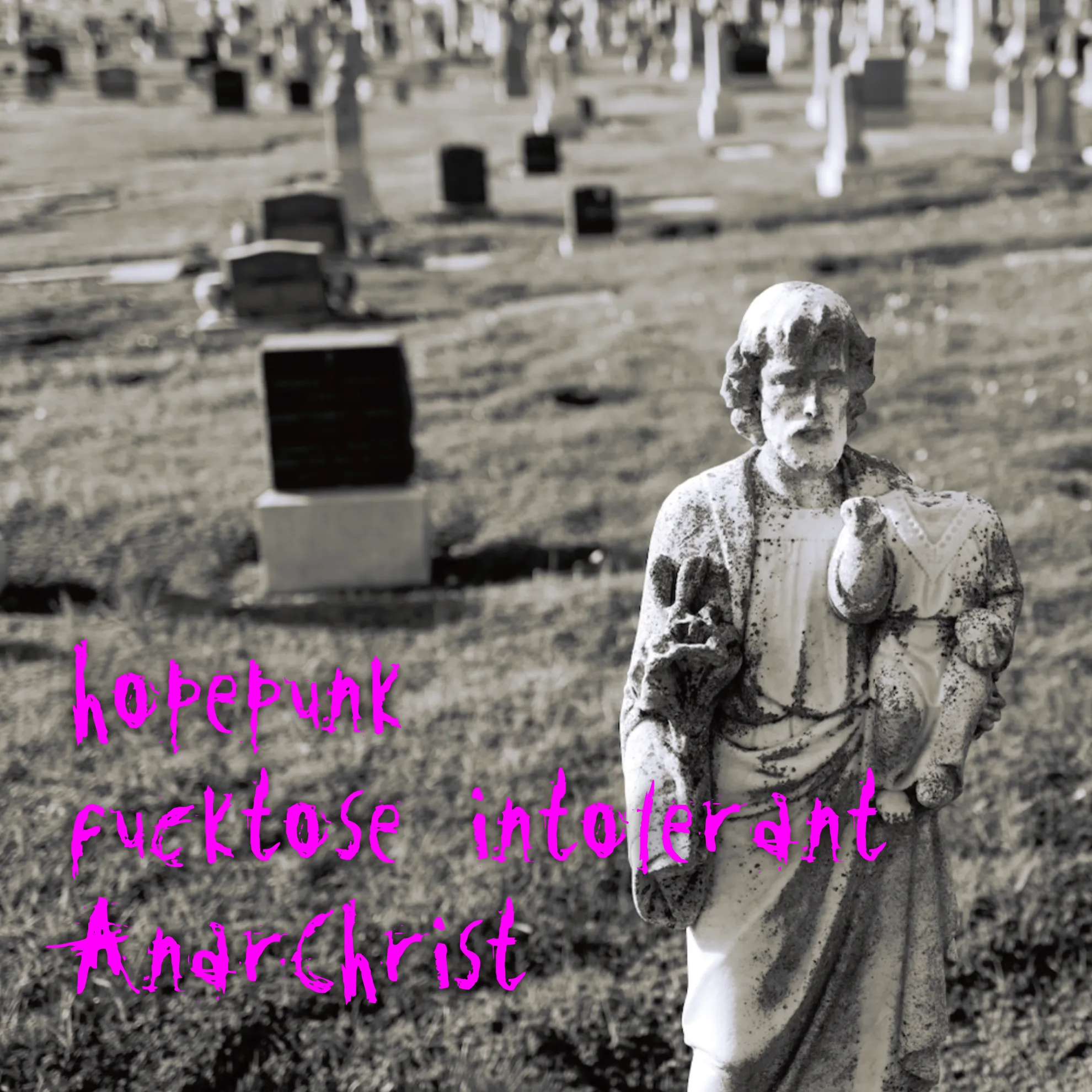 Photo of a St. Francis statue holding a headless child in his arms.