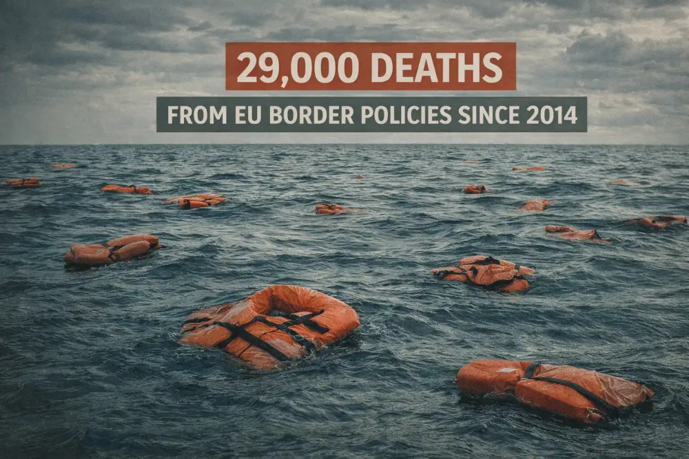 Mediterranean Sea with abandoned refugee life jackets floating - representing 29,000 deaths from EU border policies since 2014