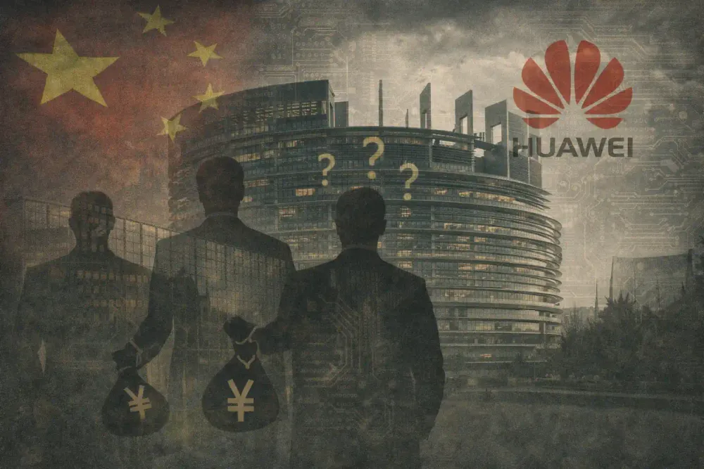 "European Parliament building with overlay showing Chinagate corruption scandal - 15 MEPs allegedly bribed by Huawei with zero prosecutions"