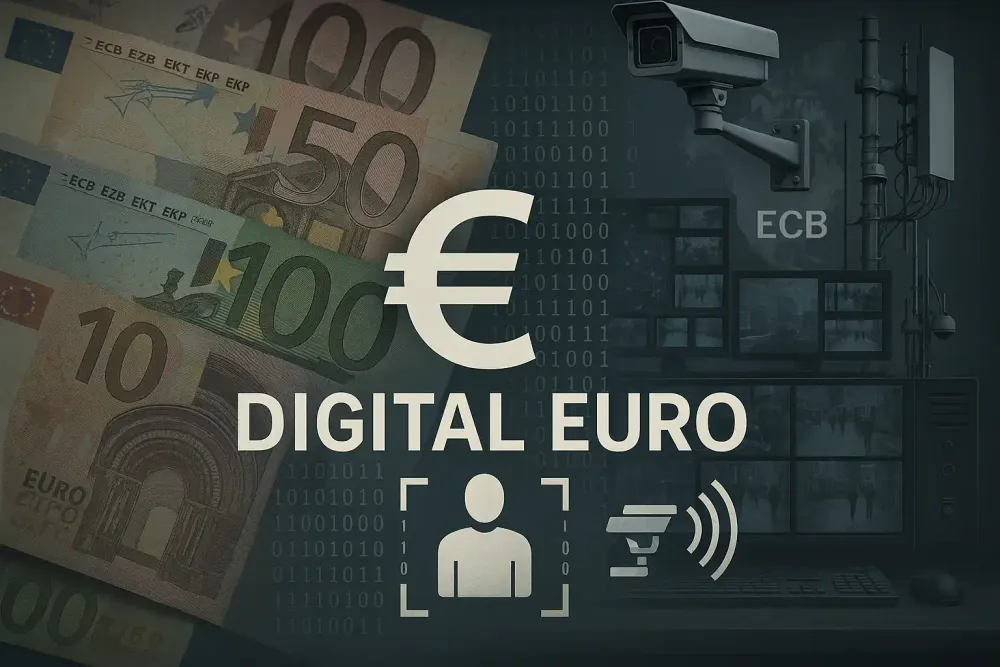 Digital euro surveillance system illustration showing ECB programmable money with tracking monitoring and control over citizen transactions
