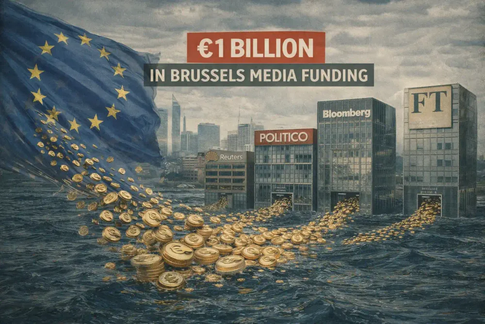 EU flag with euro symbols flowing into news organizations - representing €1 billion in Brussels media funding and propaganda operations