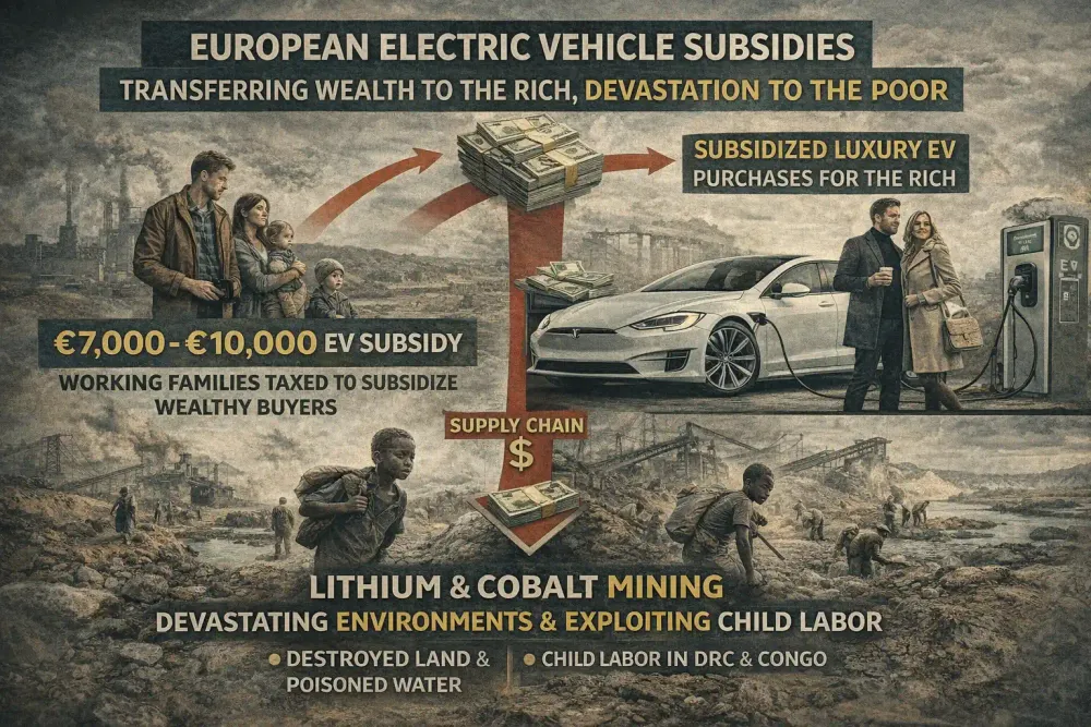 Infographic showing how European electric vehicle subsidies transfer wealth from working families to wealthy buyers while lithium and cobalt mining devastates environments 