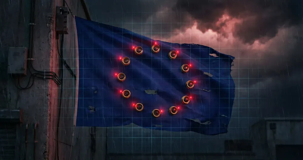European Union flag with surveillance cameras symbolizing Brussels fear control tactics and crisis-driven governance