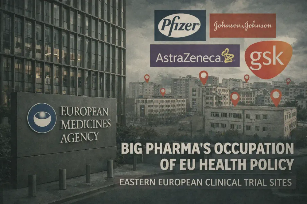 European Medicines Agency building with pharmaceutical company logos and Eastern European clinical trial sites representing Big Pharma's occupation of EU health policy