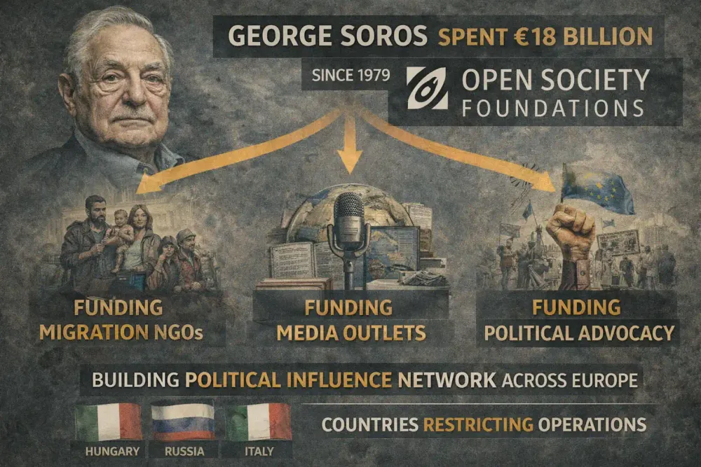 Infographic showing how George Soros spent €18 billion through Open Society Foundations 