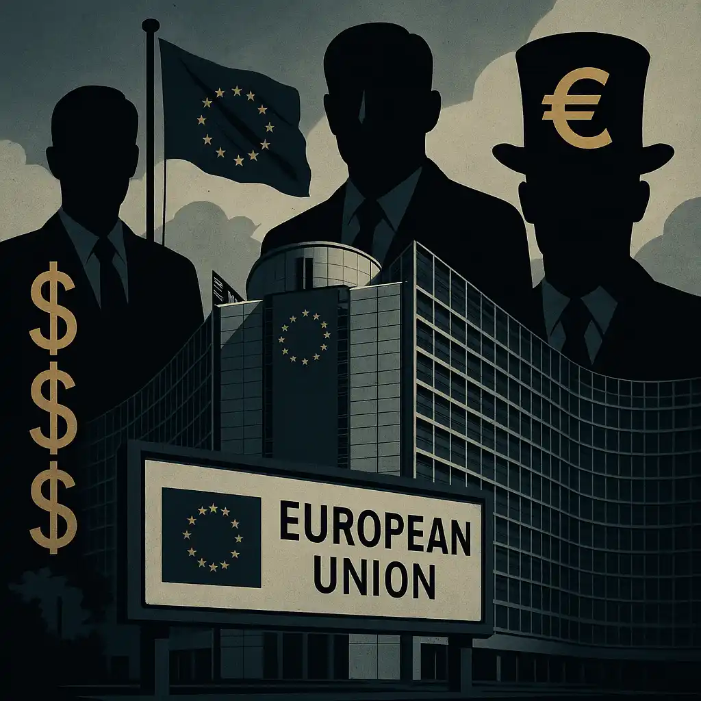  European Union headquarters Brussels with corporate lobbyist symbols showing unelected bureaucrats controlling EU power structure