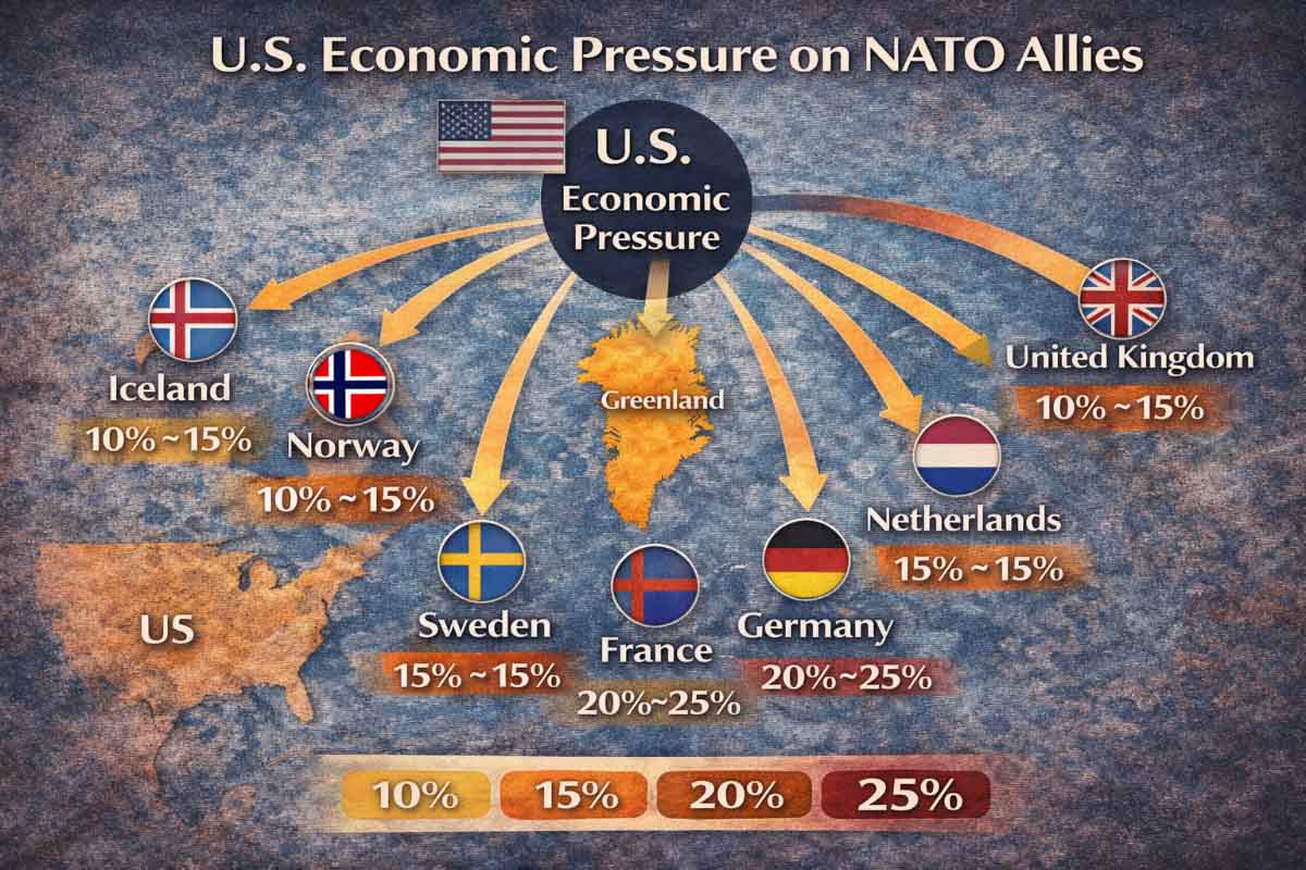 Map showing 8 NATO allies targeted with tariff percentages and Greenland in center