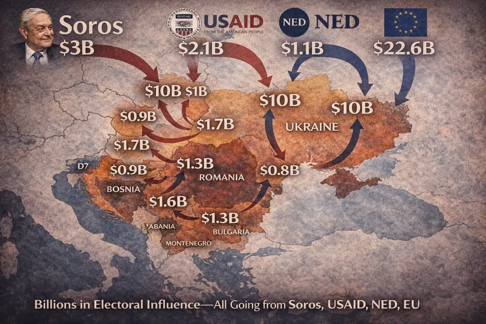 Map of Eastern Europe with funding arrows from Soros/USAID/NED/EU to each country showing billions in electoral influence