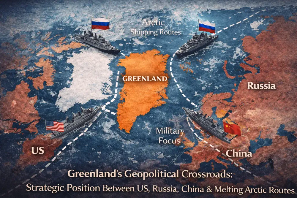Map showing Greenland position between US-Russia-China with Arctic shipping routes as ice melts, military positioning significance illustrated