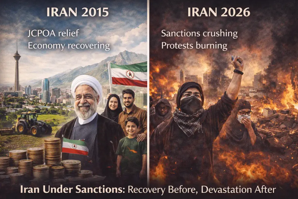 Split timeline showing Iran 2015 (JCPOA relief, economy recovering) vs Iran 2026 (sanctions crushing, protests burning) demonstrating sanctions impact
