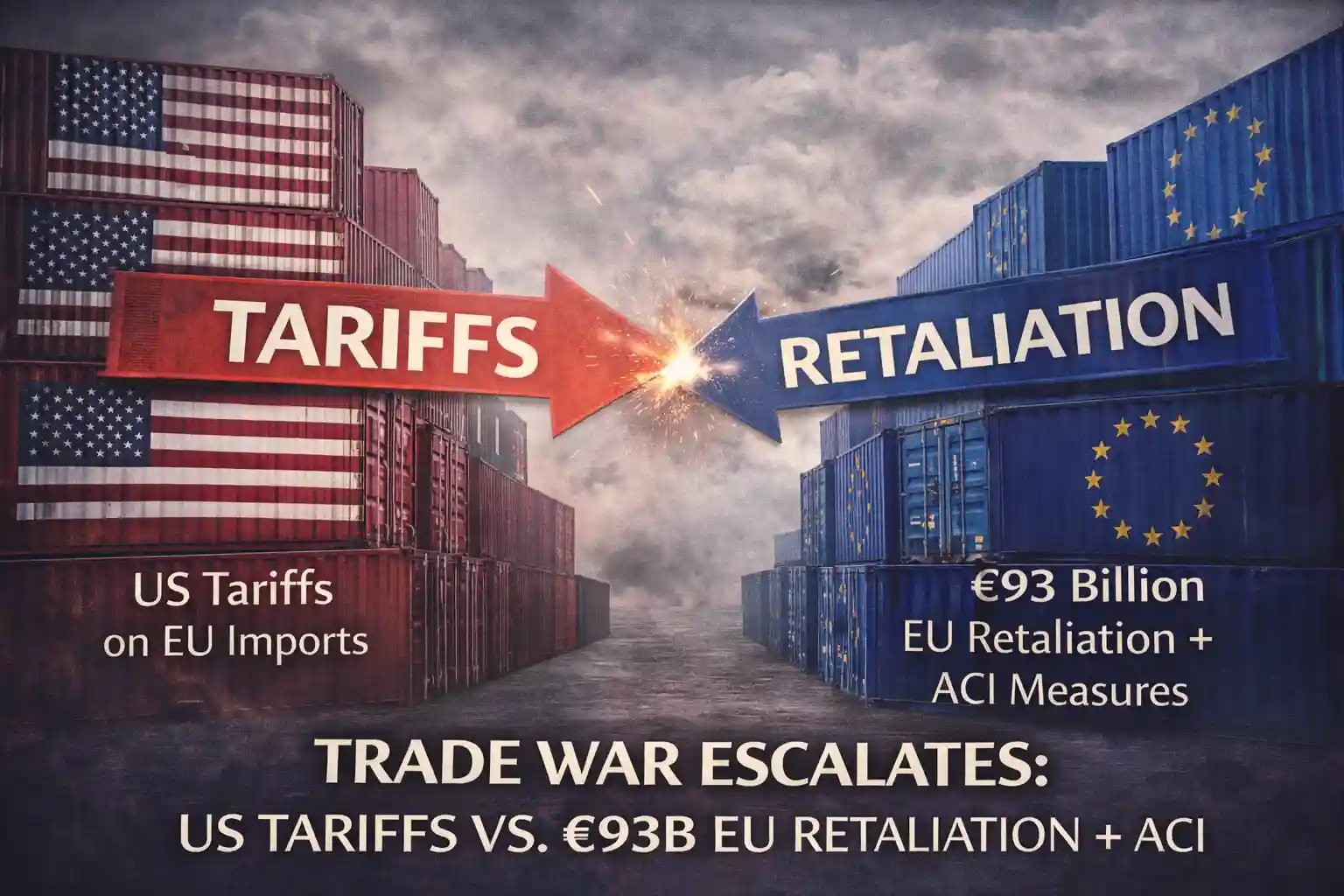 Trade war visualization: US tariffs vs €93B EU retaliation + ACI measures