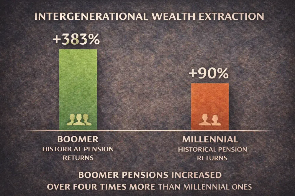 Chart comparing boomer 383 percent pension returns versus millennial 90 percent showing intergenerational wealth extraction