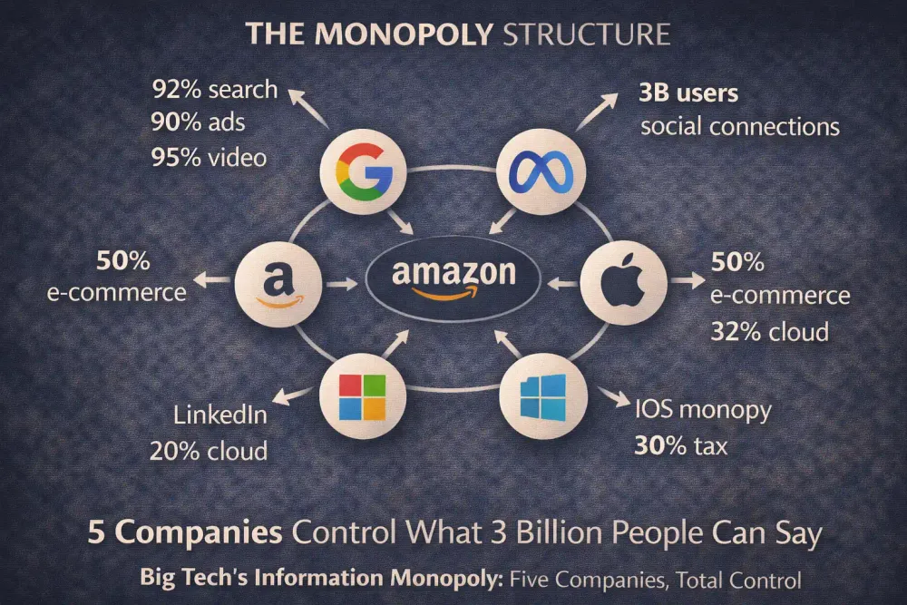 Infographic showing Google Meta Amazon Apple Microsoft controlling search social commerce apps cloud infrastructure with market share percentages demonstrating monopoly power