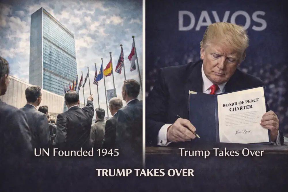 UN building 1945 founding versus Trump Board of Peace Davos 2026 chairman for life