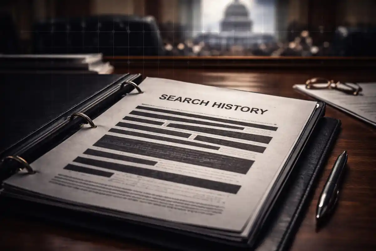 Black binder with "SEARCH HISTORY" visible, Capitol building reflected in background, surveillance meets oversight