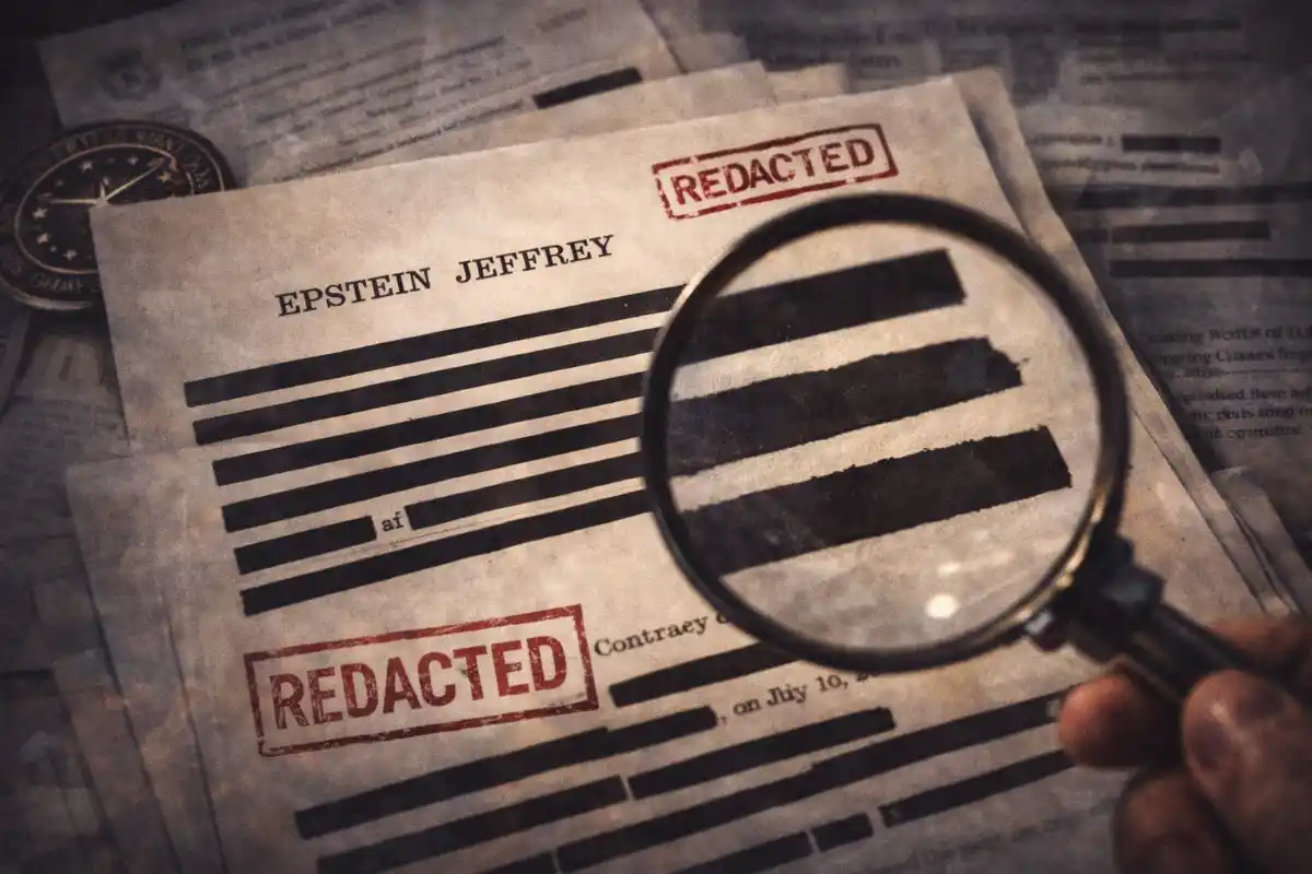 Redacted document aesthetic. Black bars over text.