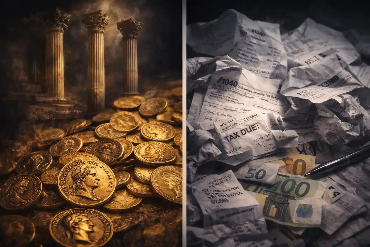 Roman coins on one side, modern tax forms/receipts on the other. Dark, dramatic lighting.