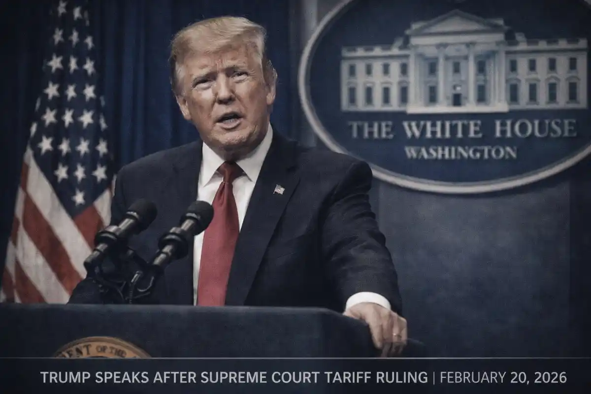Trump speaking at White House press conference after Supreme Court tariff ruling, February 20, 2026