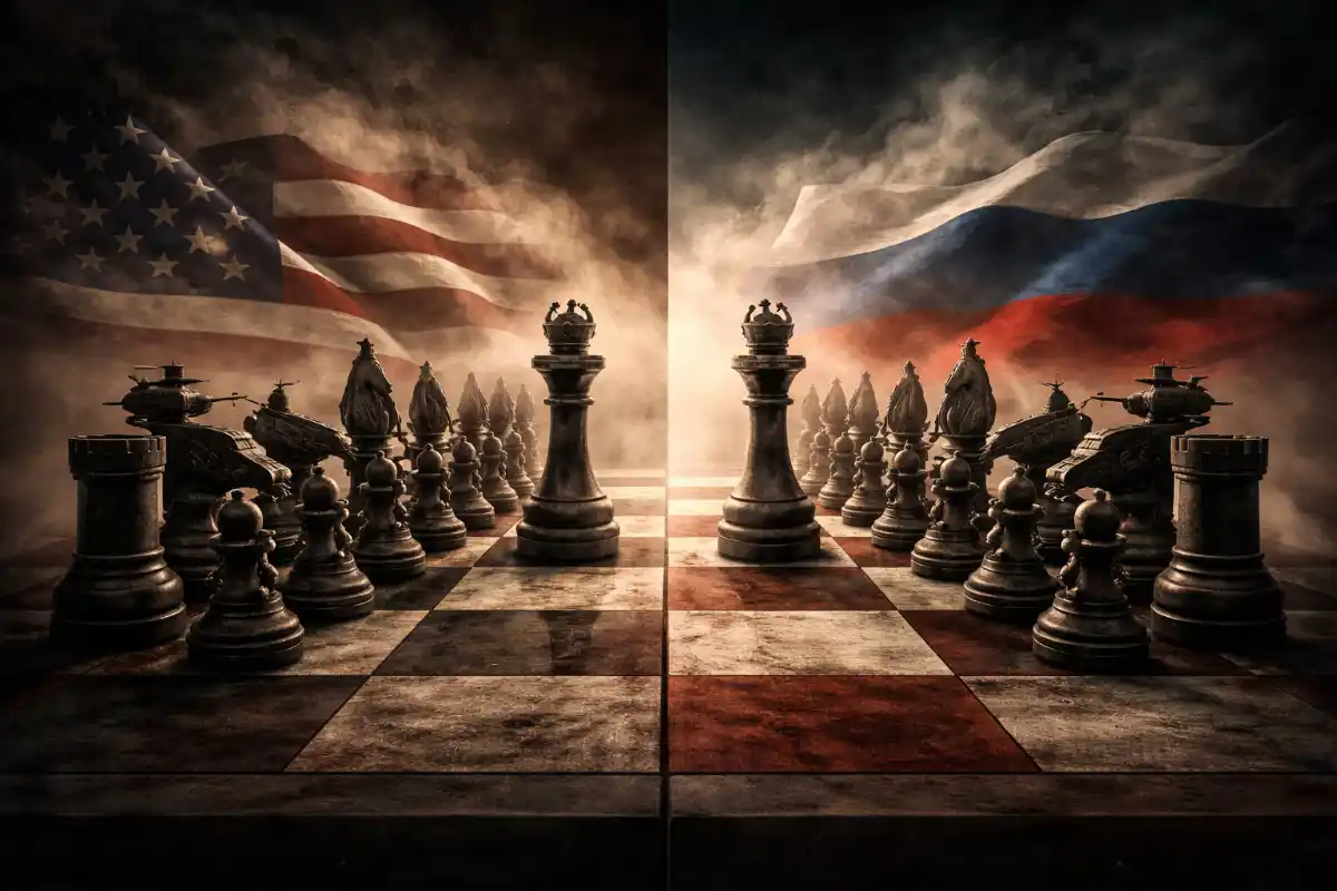 A split-screen chessboard shows mirrored military-themed pieces representing the United States and Russia facing each other, with tanks and weapons replacing traditional pieces